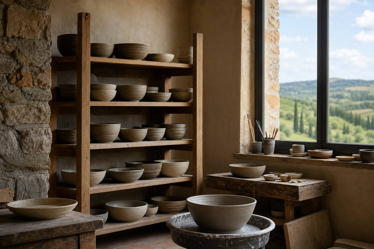 Pottery wheel and shelves of stoneware bowls beside a hillside window at Hill Clay Atelier